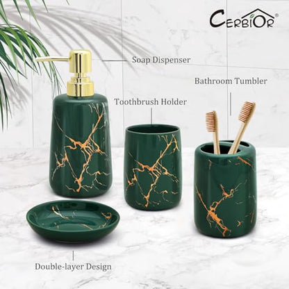 CERBIOR Bathroom Accessories Set,4 Pcs Ceramic Bathroom Accessory,Green | Includes Toothbrush Holder, Toothbrush Cup, Soap Dish for Decorative Countertop and Housewarming Gift - style: Dark Green