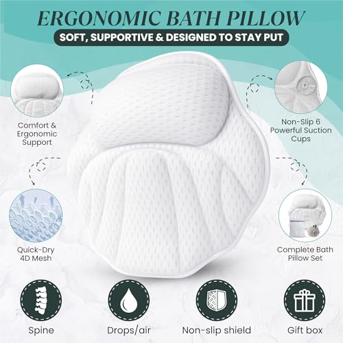 Bath Pillows for Tub, Complete Spa Set with Loofah & Wash Bag – Bathtub Pillow for Head and Neck and Back Support, 6 Strong Suction Cups, Quick-Dry 4D Air Mesh, Gift-Ready