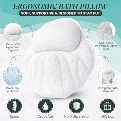 Bath Pillows for Tub, Complete Spa Set with Loofah & Wash Bag – Bathtub Pillow for Head and Neck and Back Support, 6 Strong Suction Cups, Quick-Dry 4D Air Mesh, Gift-Ready