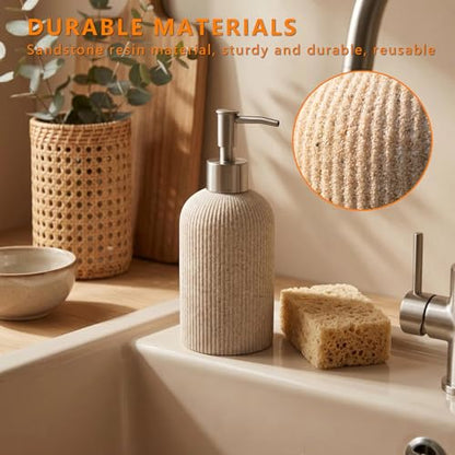 Hand Soap Dispenser with Brushed Metal Pump – Sandstone Resin, Farmhouse Decor for Bathroom & Kitchen, Rust Proof, Sand Beige, 9.5oz