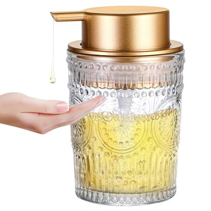 8 Oz Glass Dish Soap Dispenser, Hand Liquid Bottle with Gold Pump | Clear refillable bottle for hand soap, dish soap, lotion. Round design fits kitchen sink & bathroom counter - color: Liquid Dispenser