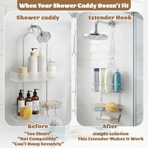 LEIFIDE 2 Pack White Shower Caddy Extender Hooks 11 Inch | Iron Bathroom Hanging Hooks with U-shaped Non-slip Mats Rustproof Waterproof Shower Organizer Extension No Drilling
