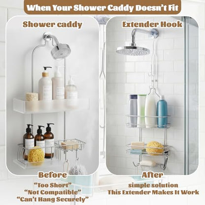 LEIFIDE 2 Pack White Shower Caddy Extender Hooks 11 Inch | Iron Bathroom Hanging Hooks with U-shaped Non-slip Mats Rustproof Waterproof Shower Organizer Extension No Drilling