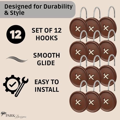Park Designs Red Button Shower Curtain Hooks | Decorative Country Style Bathroom Curtain Rings Set of 12 | Resin Accent with Chrome-Plated Hooks | Farmhouse Shower Hook Set | Durable & Easy to Install | Resin & Chrome | Button Design | Farmhouse Bathroom