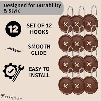 Park Designs Red Button Shower Curtain Hooks | Decorative Country Style Bathroom Curtain Rings Set of 12 | Resin Accent with Chrome-Plated Hooks | Farmhouse Shower Hook Set | Durable & Easy to Install | Resin & Chrome | Button Design | Farmhouse Bathroom