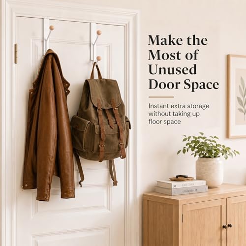 KitchLife Over The Door Hooks 2 Pack Heavy Duty Door Hanger Hooks with Wooden Ball Tips, Steel Over Door Hook Rack for Clothes, Towels, Bags & Tools, Fits 1-3/8” Door, Matte White