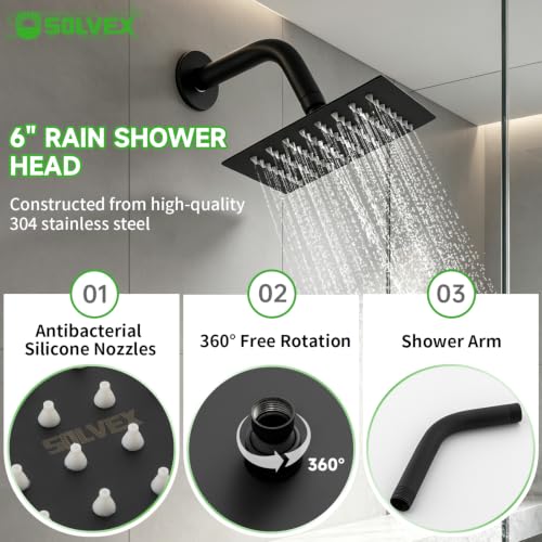 SOLVEX Shower Faucet Set with Valve Rain Shower System Head Stainless Steel Wall Mount Single Handle Shower Trim Kit 6 Inch High Pressure Shower Head Matte Black SP-90103-N - color: Black