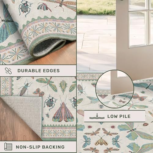 Hazo Haus Washable Non Slip Bathroom Runner Rug 2x5, Insect Boho Bath Mat, Stain Resistant Low Pile Butterfly Insect Print Rugs for Laundry Room, Powder Room, Beige Green - color: Beige Green, size: 2' x 5' (Runner)