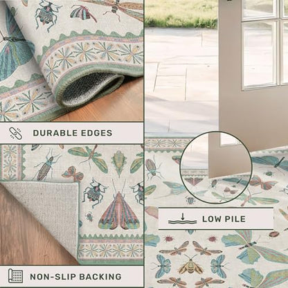 Hazo Haus Washable Non Slip Bathroom Runner Rug 2x5, Insect Boho Bath Mat, Stain Resistant Low Pile Butterfly Insect Print Rugs for Laundry Room, Powder Room, Beige Green - color: Beige Green, size: 2' x 5' (Runner)
