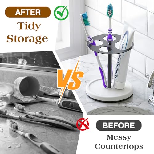 Luxspire Toothbrush Holder Stand 5 Slots, Matte Black | Stainless Steel Tooth Brush Holder with Diatomaceous Earth Base, Toothbrush Holders for Bathrooms - color: Matte Black+white