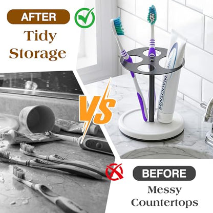 Luxspire Toothbrush Holder Stand 5 Slots, Matte Black | Stainless Steel Tooth Brush Holder with Diatomaceous Earth Base, Toothbrush Holders for Bathrooms - color: Matte Black+white