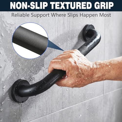 Anti Slip Grab Bars for Shower, 2 Pack 16 Inch Textured Bathroom Safety Grab Bar, 304 Stainless Steel Non-Slip Handle for Seniors Elderly, Handicap Bathtub & Toilet Support, Matte Black