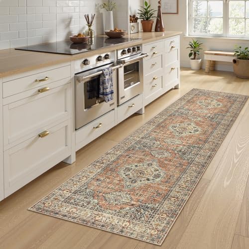 Lahome Oriental Washable Kitchen Runner Rug Non Slip, 2x8 Bathroom Runners for Hallways with Rubber Backing, Vintage Soft Long Carpet for Laundry Bedroom Eleanor, Peach/Orange - color: Terracotta, size: 2' x 8' (Runner)