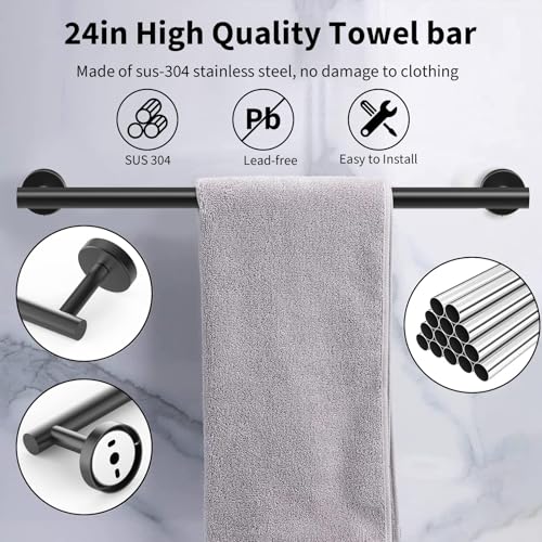 Newfun 10-Pieces Matte Black Bathroom Hardware Set 24 Inch | Includes 24 Inch Towel Racks for Bathroom Wall Mounted, Toilet Paper Holder, Towel Hooks, Towel Rings for Bathroom Wall - color: Matte Black-ring