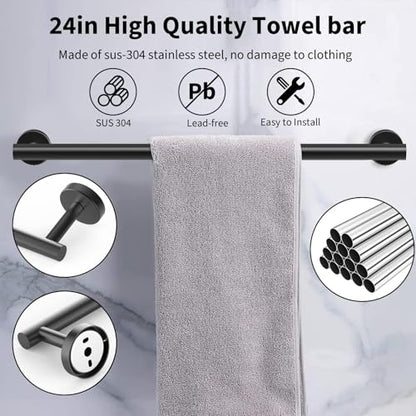 Newfun 10-Pieces Matte Black Bathroom Hardware Set 24 Inch | Includes 24 Inch Towel Racks for Bathroom Wall Mounted, Toilet Paper Holder, Towel Hooks, Towel Rings for Bathroom Wall - color: Matte Black-ring
