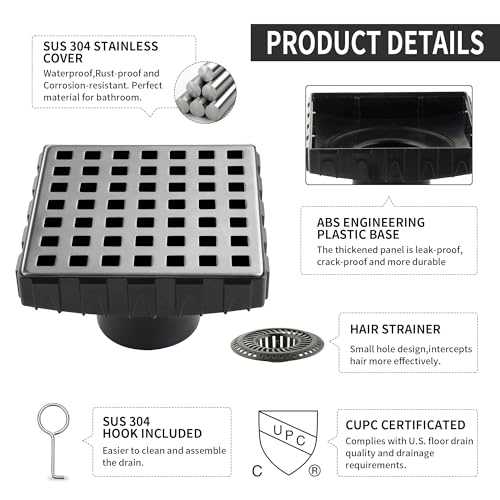 4 Inch Square Shower Drain, 304 Stainless Steel Cover Panel with ABS Frame, Removable Quadrato Pattern Grate with Hair Catcher, CUPC Certified, Brushed Nickel