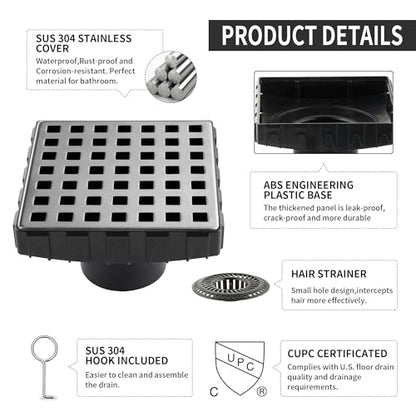 4 Inch Square Shower Drain, 304 Stainless Steel Cover Panel with ABS Frame, Removable Quadrato Pattern Grate with Hair Catcher, CUPC Certified, Brushed Nickel