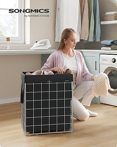 SONGMICS Laundry Hamper, 23.8 Gal. (90L) Laundry Basket, Collapsible Clothes Hamper, Removable and Washable Liner, Metal Wire Frame, for Bedroom Bathroom, Silver and Classic Black ULCB190B01 - color: Silver + Classic Black, size: 90 L