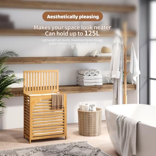 Laundry Hamper with Lid, Bamboo with Handles and Removable Liner Bag, 125L Laundry Basket for Bedroom, Bathroom & Laundry Room (Natural) - color: Natural