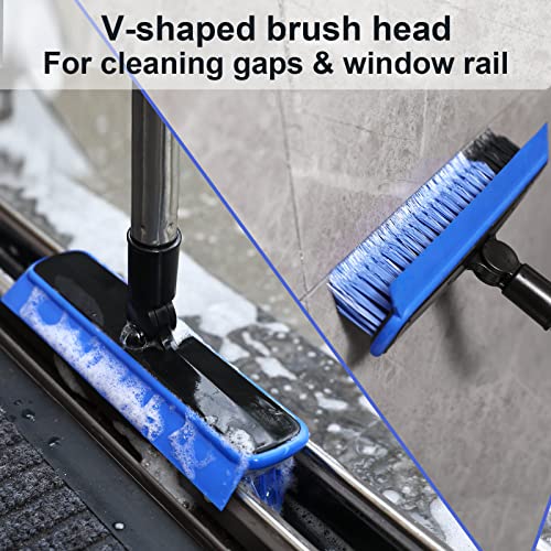 Grout Cleaner Brush with Long Handle, V-Shaped Floor Scrub Brush Swivel Grout Brush Stiff Bristle Floor Grout Scrubber for Bathroom, Tile Line, Crevice, Kitchen, Wall, Deck, Garage (Blue) - color: Blue