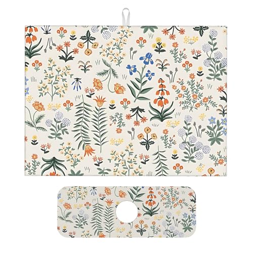2Pcs Dish Drying Mats Faucet Mats Sets Large Size Coffee Mats Sink Faucet Mat Splash Guard for Kitchen Counter Bathroom Sink Coffee Bar Kitchen Decor (Wildflowers 2, 18"x24" 15" x 5.5"Set) - color: Wildflowers 2
