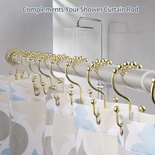 DAWNER Shower Curtain Hooks Rings, Rust Proof Hooks, Metal Easy Glide Double Shower Rings Hooks, Stainless Steel Shower Curtain Hangers for Bathroom Shower Curtains, Set of 12 Hooks, Gold Color - color: Gold