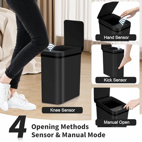 3 Pack Bathroom Trash Can with Lid, 2.5 Gallon Small Slim Trashcan, Automatic Trash Can Touchless, Motion Sensor Waterproof Plastic Trash Bin for Bedroom Kitchen Office Living Room (Black) - color: Black