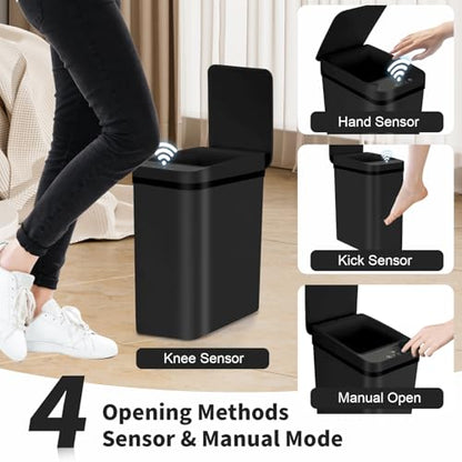 3 Pack Bathroom Trash Can with Lid, 2.5 Gallon Small Slim Trashcan, Automatic Trash Can Touchless, Motion Sensor Waterproof Plastic Trash Bin for Bedroom Kitchen Office Living Room (Black) - color: Black