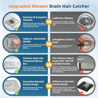 Hibbent Upgraded Shower Drain Hair Catcher for Bathroom Floor 4" Drain, Anti-Clogging Shower Drain Cover, Stainless Steel & Silicone Drain Strainer with Handle, Shower Drain Protector, Grey - color: 4' Light Grey