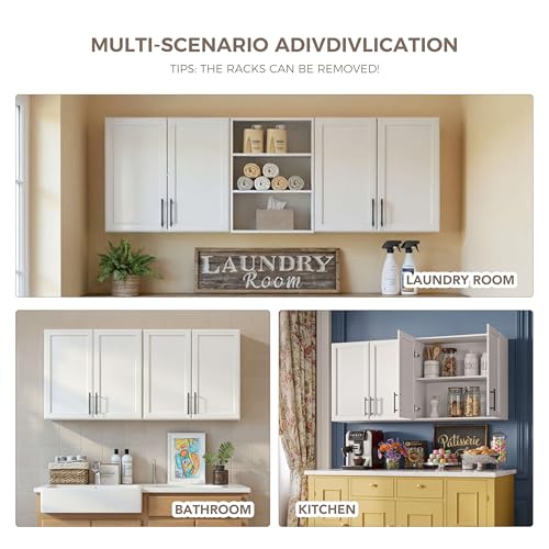 Furnaza 62.8" W Wall Cabinets for Laundry Room with Adjustable Shelf | White Upper Kitchen Wall Mounted Cabinets With Two Shaker Doors for Bathroom,Garage,12"D x 22"H,Floating Hanging Storage - size: 62.8"W