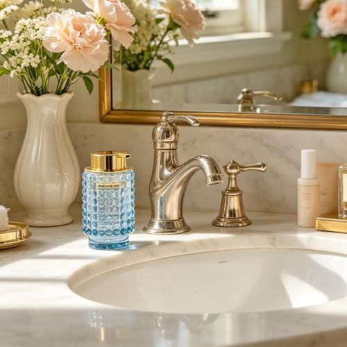 Glass Foaming Soap Dispenser, Blue Foam Hand Soap Dispenser, Bathroom 12 Oz Large Bottle with Gold Pump, Refillable Lotion Pump Container for Bathroom, Kitchen,Hand Soap, Dish Soap, Shampoo - color: Blue