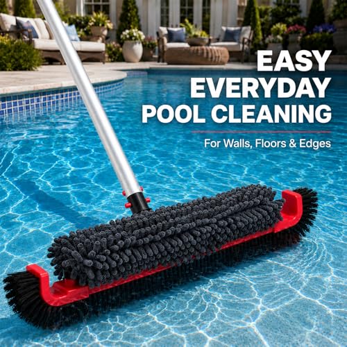 22" Extra Long Pool Brush with Chenille Scrubber | Heavy Duty Nylon Bristles, Curved Edges for Cleaning Corners, Safe for All Surfaces & Vinyl Liners, Fits Standard Poles