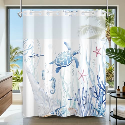 No Hook Underwater Coral Turtle Shower Curtains for Bathroom, Ocean Shower Curtain with Mesh Top Sheer Window and Removable Liner, 71x74 Hotel Style Waterproof Fabric Shower Curtain with Weighted Hem - color: Turtle