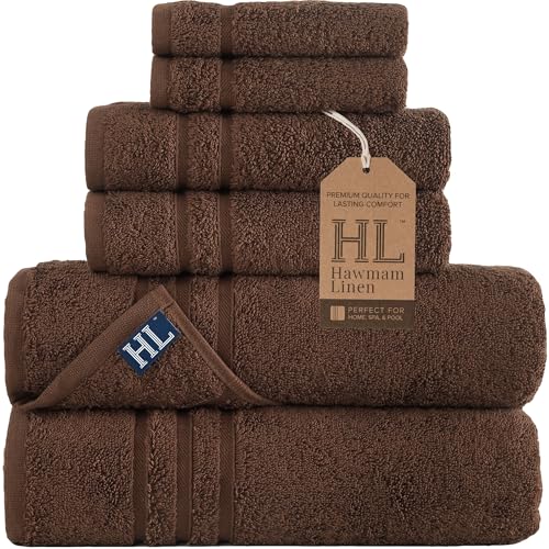 Hawmam Linen Brown 6 Piece Bath Towels Set for Bathroom Original Turkish Cotton Soft, Absorbent and Premium 2 Bath Towels, 2 Hand Towels, 2 Washcloths - color: Brown, size: 6 Piece Towel Set (2 Bath, 2 Hand, 2 Wash)