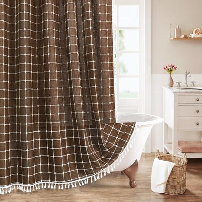 Boho Farmhouse Classic Plaid Linen Tassel Shower Curtain Brown,72x72 | 310GSM Linen Blend Heavy Duty Cloth,3-side Tassels,Wrinkle Resistant,Rustic Bohemian Farmhouse charm,Water Repellent,12 Hooks - color: Brown, size: 72"W x 72"L (Pack of 1)