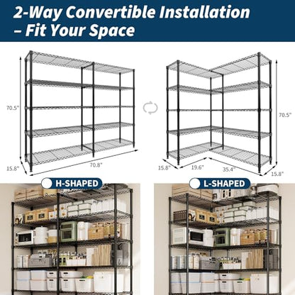 Garvee 71" Wide Storage Shelves Metal Shelving Units 5 Tier, 1325LBS | Heavy Duty & Adjustable Wire Shelving Rack, Standing/L-shaped, Use for Garage Kitchen Pantry Warehouse, Black - size: 70.5"Hx15.7"Dx71"W, 5-Layer