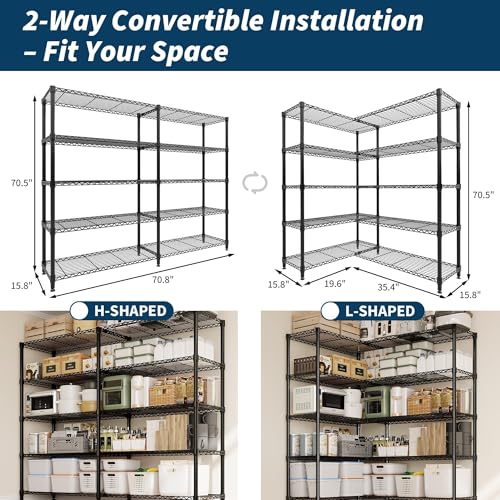 Garvee Metal Storage Shelves Heavy Duty Metal Shelving, 5-tier Wire Shelving Unit Shelves for Storage, Adjustable Shelf Organization for Garage Pantry Kitchen Commercial Basement, 70.8"W*15.8"D*70.5"H - size: 15.7"D x 71"W x 70.5"H(5-Tier)