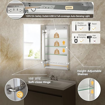 20x32 Medicine Cabinet Mirror with Double Lights & Clock, Front+Backlit Surface or Recessed Fogless Lighted Medicine Cabinet Mirror, 155°Soft-close Right Hinge,Time-Display,Outlet,Inner Light - size: 20x32'' (Right Hinge)