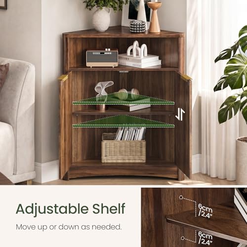Corner Cabinet, Corner Storage with Fluted Panels and Adjustable Shelf, Modern Floor Cabinets for Small Spaces, Bathroom, Living Room, Kitchen, Walnut MCW23HT