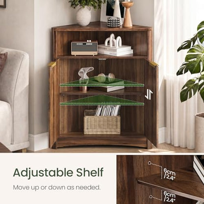 Corner Cabinet, Corner Storage with Fluted Panels and Adjustable Shelf, Modern Floor Cabinets for Small Spaces, Bathroom, Living Room, Kitchen, Walnut MCW23HT