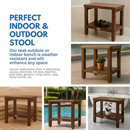 DecoTeak Eleganto 18" Teak Shower Bench with Shelf, Waterproof Stool | Shower bench with adjustable feet and non-slip rubber pads provides stable support on wet or uneven shower floors - size: 18" Length x 14" Width x 18" Height