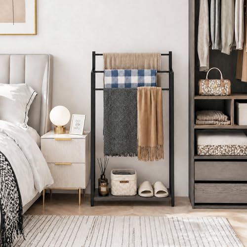 16.9" W Freestanding Towel Rack with Oak Grey Wood Shelf | 3 Tier Blanket Ladder Stand for Bathroom Living Room, Metal Frame,31.5"H x 16.9"W x7.9"D - color: Oak Grey, size: 31.5"H x 16.9"W x7.9"D