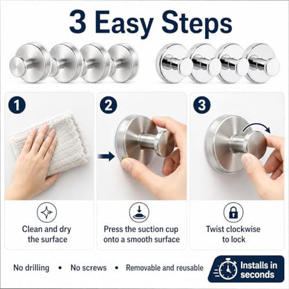 Suction Cup Hooks Removable Shower Hooks, 4Pcs Chrome Metal Towel Hooks for Bathroom Window Glass Wall Door Can Hang Various Towels Bath Keychains, Front Door Wreath Hanger, No-Drill Waterproof ﻿ - color: Chrome