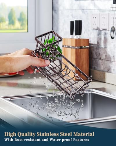 Consumest Sink Caddy Kitchen Organizer, Sponge Holder for Kitchen Sink with Removable Drip Tray for Countertop Dish Soap Holder Dispenser Brush Holder, 304 Stainless Steel - Bronze - color: Bronze