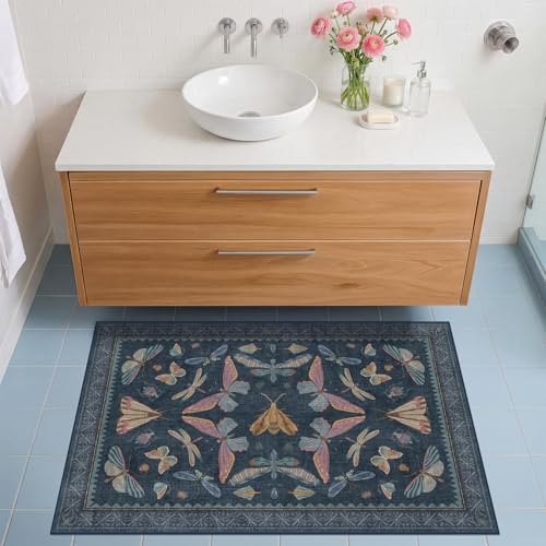 Dark Blue 2x3 Small Rugs for Bathroom Non Slip, Washable Vintage Boho Insect Rug for Kitchen Floor, Entryway Indoor, Powder Room, House Decor Aesthetic, Low Pile Non Slip Carpet - color: Midnight Blue, size: 2' x 3' (Rectangular)