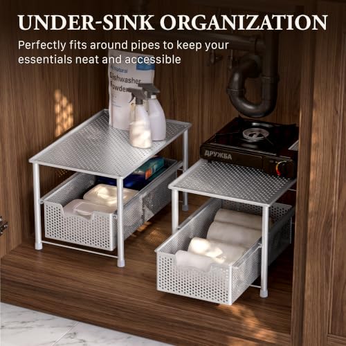 Simple Houseware Stackable Under Sink Sliding Basket Drawer, White | Perforated Free Standing Organizer, Kitchen/Pantry/Cabinet/Counter - color: White