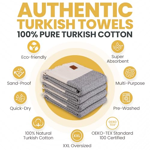 Gold CASE Turkish Beach Towel Set of 4 – 100% Cotton Large Turkish Bath Towels 67 x 38'' – Aphrodite Extra Large, Quick Dry & Sand Free Towels – Peshtemal for Pool – Grey - color: Grey, style: Aphrodite Beach Bath Towel