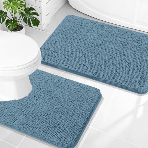 OLANLY Bathroom Rugs Sets 2 Piece, Soft Absorbent Chenille Bath Mats and U-Shaped Contour Toilet Mat Area Rug Set, Machine Washable Bath Carpet, Home Decor Accessories(30"x20"+24"x20", Airy Blue) - color: Airy Blue, size: 30" X 20" + U24" X 20"