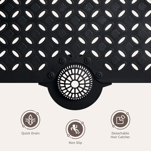 OTHWAY Bath Mat for Tub Non Slip: 39" X 17" Long Bathtub Mat with Hair Catcher│Big Drain Holes Shower Mats for Inside Shower│Machine Washable (Black) - color: Black