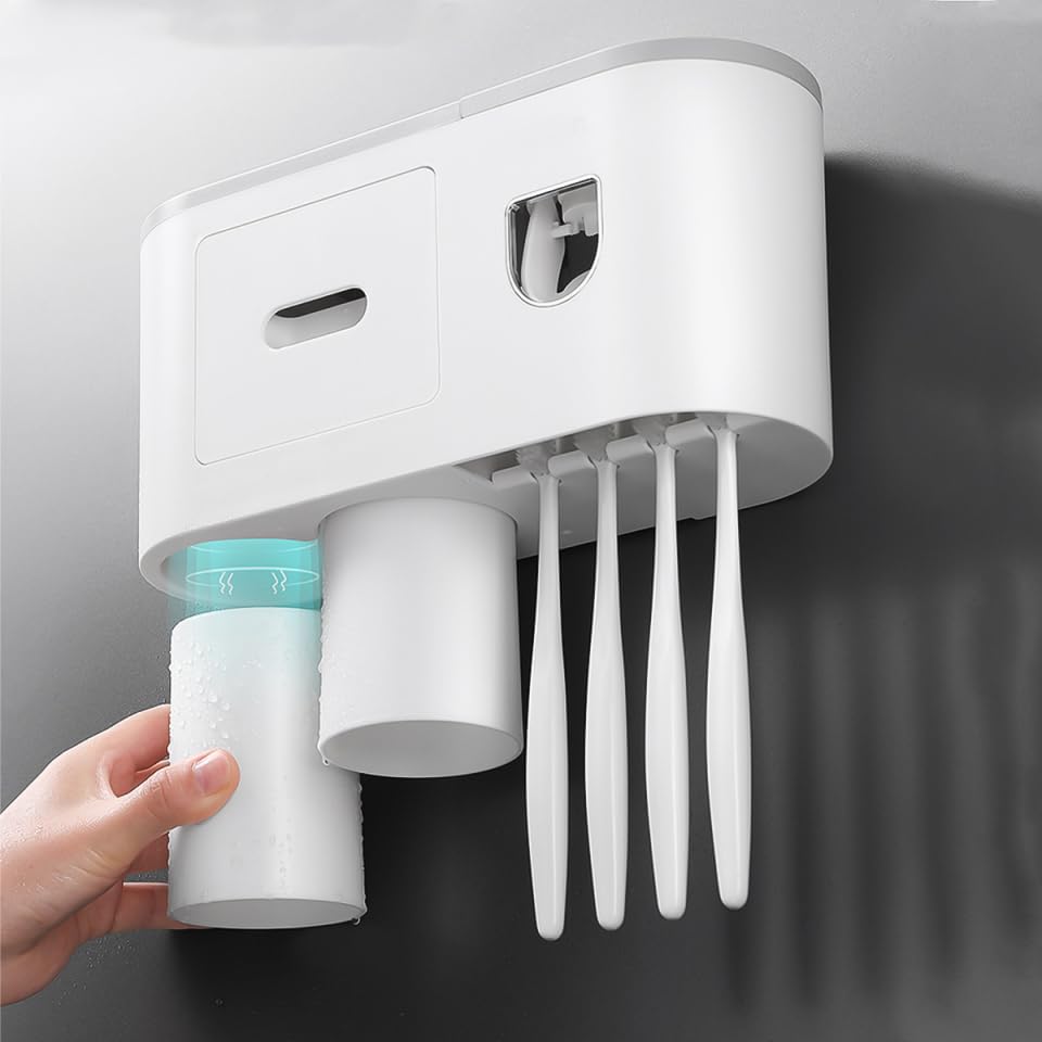 Wall Mounted Toothbrush Holder Set with Toothpaste Dispenser 2 Cups Punch Free Bathroom Toothbrush Organizer Rack Overhang Gargle Rack for Bathroom Storage